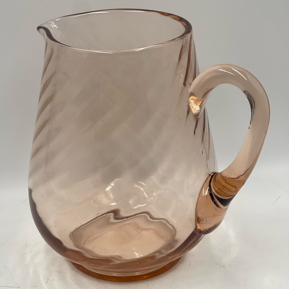 Mid Century Modern Arcoroc Rosaline Pink Optic Swirl Spiral Blown Glass Pitcher